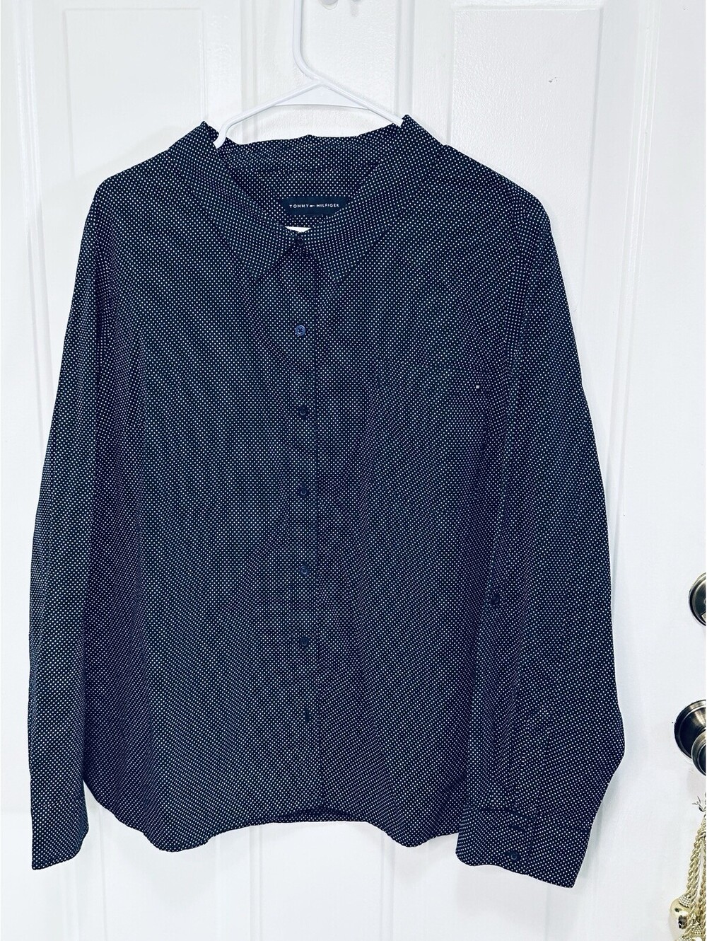 Tommy Hilfiger Women ‘s Navy Blue and White Polka Dot Button-Up Shirt